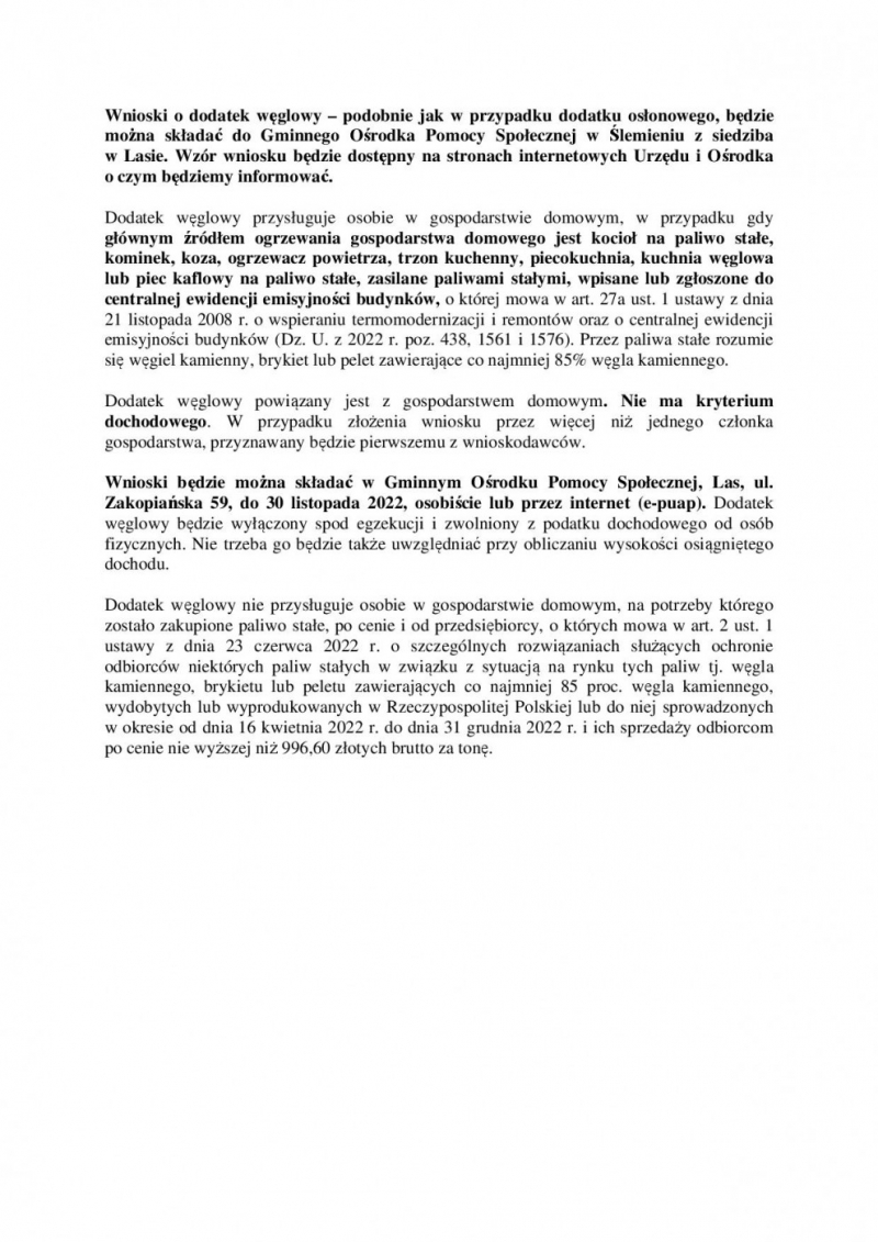 Informacja dot. Wniosków o dodatek węglowy 