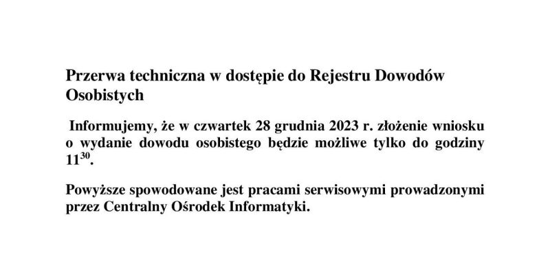 Przerwa techniczna w dostępie do Rejestru Dowodów Osobistych