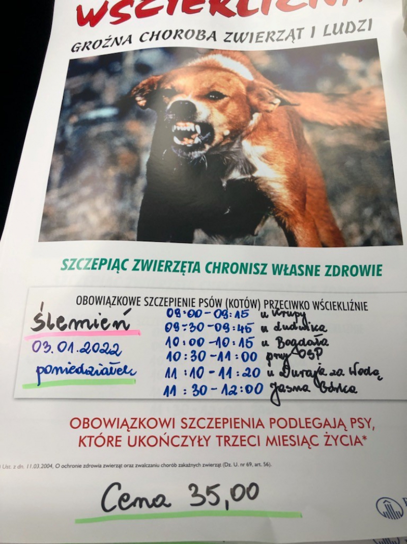 Informacja o szczepieniu przeciwko wściekliźnie