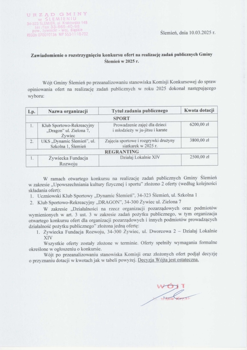 Zawiadomienie o rozstrzygnięciu konkursu ofert na realizację zadań publicznych Gminy Ślemień w 2025 r. 