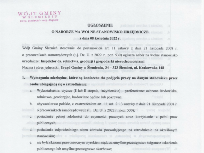 Nabór na wolne stanowisko urzędnicze: Inspektor ds.rolnictwa, geodezji i gospodarki nieruchomościami - zdjęcie1