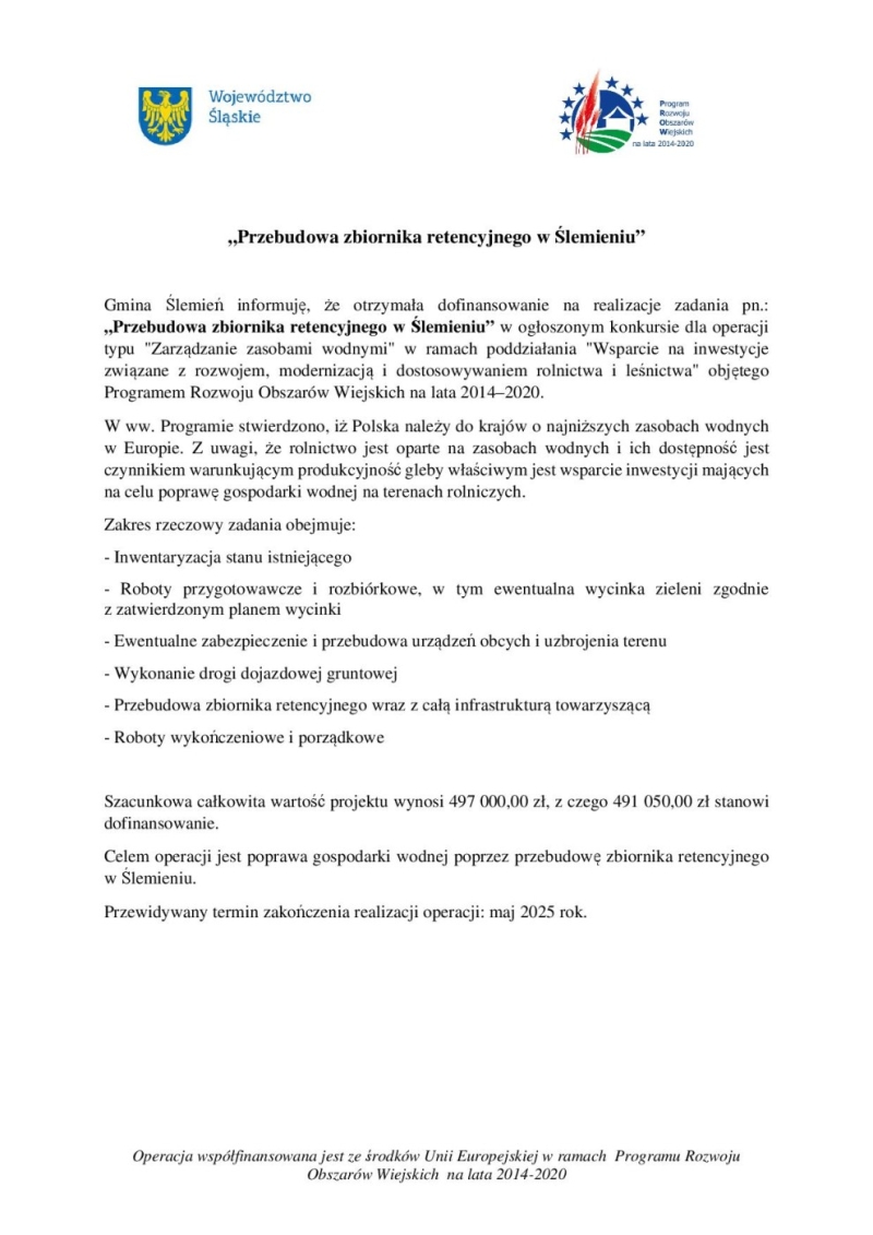 „Przebudowa zbiornika retencyjnego w Ślemieniu”