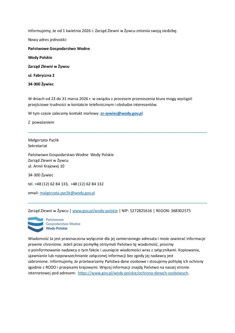 Informacja Wody Polski – zmiana siedziby