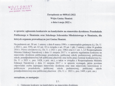 Ogłoszenie konkursów na kandydatów na stanowisko dyrektora Przedszkola Publicznego w Ślemieniu oraz Szkolnego Schroniska Młodzieżowego - zdjęcie1